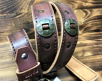 Men's leather belt 4.5 of bull with Conchos, Natural vegetable tanned treated hand-dyed tampon system, handmade Made in Italy