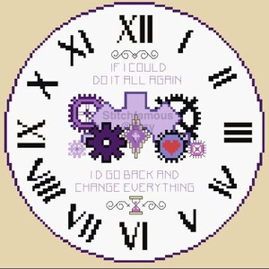 May include: A white clock face with Roman numerals and a purple and pink gear design. The text reads "If I could do it all again I'd go back and change everything".