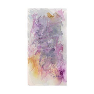 May include: An abstract watercolor painting featuring blended washes of purple, lavender, and soft yellow tones. The composition includes delicate, thin, scribbled lines in pink and orange ink throughout the center. The word Tyche is signed in ink.