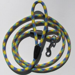 Hand made dog leash, made from repurposed climbing rope. Yellow, blue, and purple. Great dog lover gift!