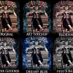 Puede incluir: Una mujer con un corsé y una falda negros se sienta en un trono hecho de libros apilados. El fondo es una superficie oscura y texturizada. La imagen es un collage de diferentes variaciones de color de la misma imagen.