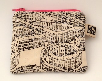 screen printed coin purse hand printed with Georgian city house design