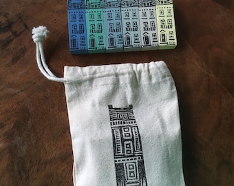 Handprinted Wooden Georgian House Skittles Game with Storage Bag
