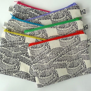 House pattern zip pouches, handprinted in Bath, Georgian city spiral pattern