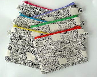 House pattern zip pouches, handprinted in Bath, Georgian city spiral pattern