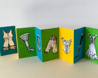 A hand screenprinted leporello concertina book of historical costume undies
