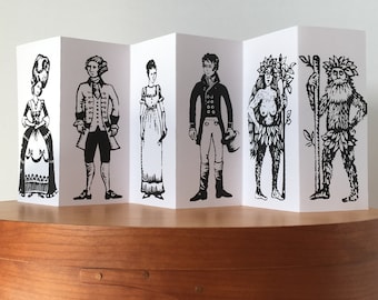 handprinted accordion book, a screen-printed leporello of historical and folklore figures