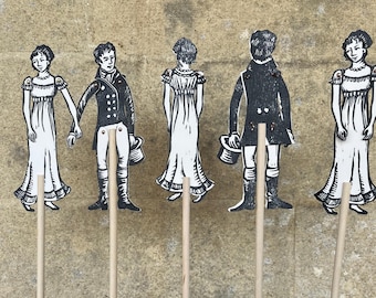 A pair of handprinted paper doll Twirling Regency Dancers