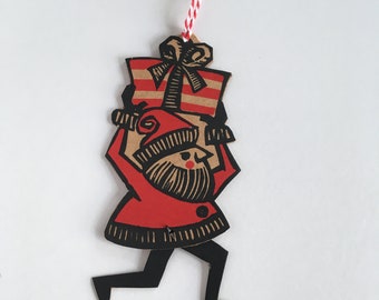Handprinted articulated Santa decoration moving paper ornament