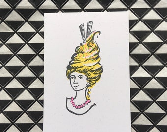Handprinted card - Georgian lady Spring or Summer big hair