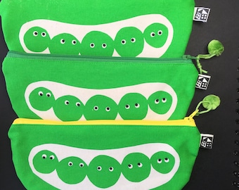 Pea pod pencil case, make up bag, zip pouch hand screen-printed