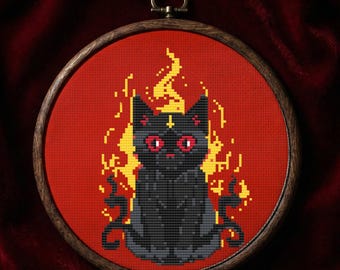 Belzepurr Black Cat Cross Stitch Pattern – Gothic Demon, Fire (PDF)
