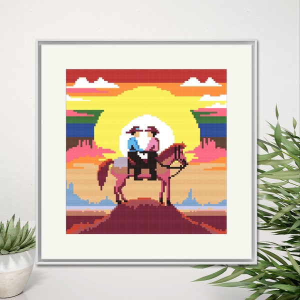 Sunrise Ride to Pride - LGBTQAI+ Cowboy Love Cross Stitch Pattern - LGBT - Pride - Trans - Non binary - queer - gay - sunrise - horse - PDF