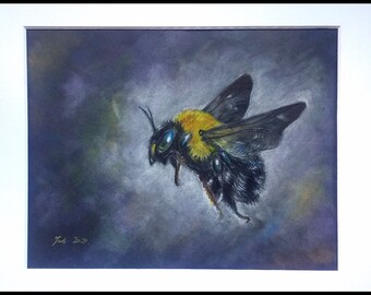 The messenger. OOAK. Bee artwork. Original pastel and pencil drawing of a flying bee.