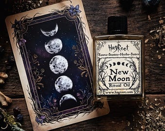 New Moon Ritual Oil, Anointing, Botanical Perfume + Conjure Oil for New Beginnings, Clarity, Awareness + Inspiration  with Moonstone Essence