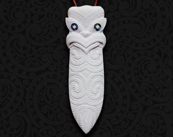 Maori Taiaha Bone Carving Necklace - Hand Carved Tribal Warrior Pendant New Zealand