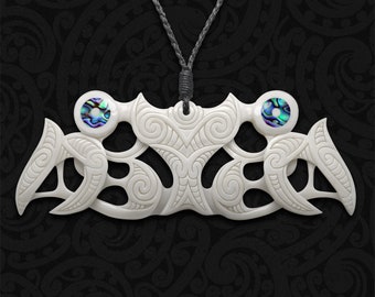Hand Carved Bone Pekapeka Pendant, Maori Taonga, Paua Shell Eyes