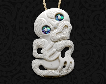 Hand Carved Bone Tiki Pendant: Maori Amulet Necklace