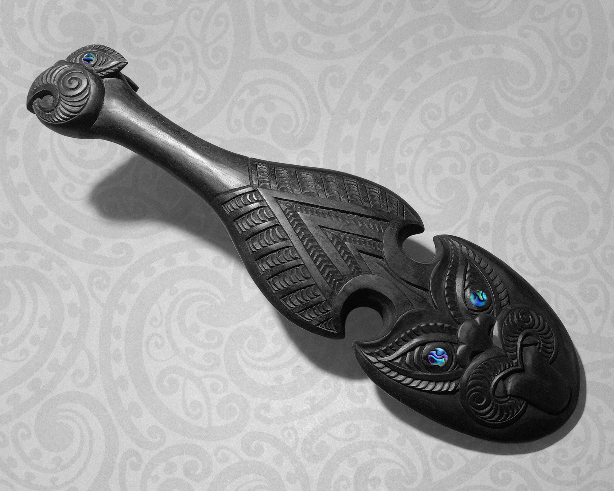 Maori Patu Replica, Wood Carving & Paua Shell, Ceremonial