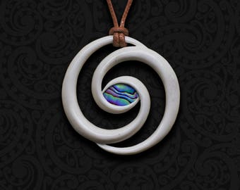 Maori Art Bone Carving, Takarangi Spiral Necklace, Leadership Symbol, Atua Eye Art