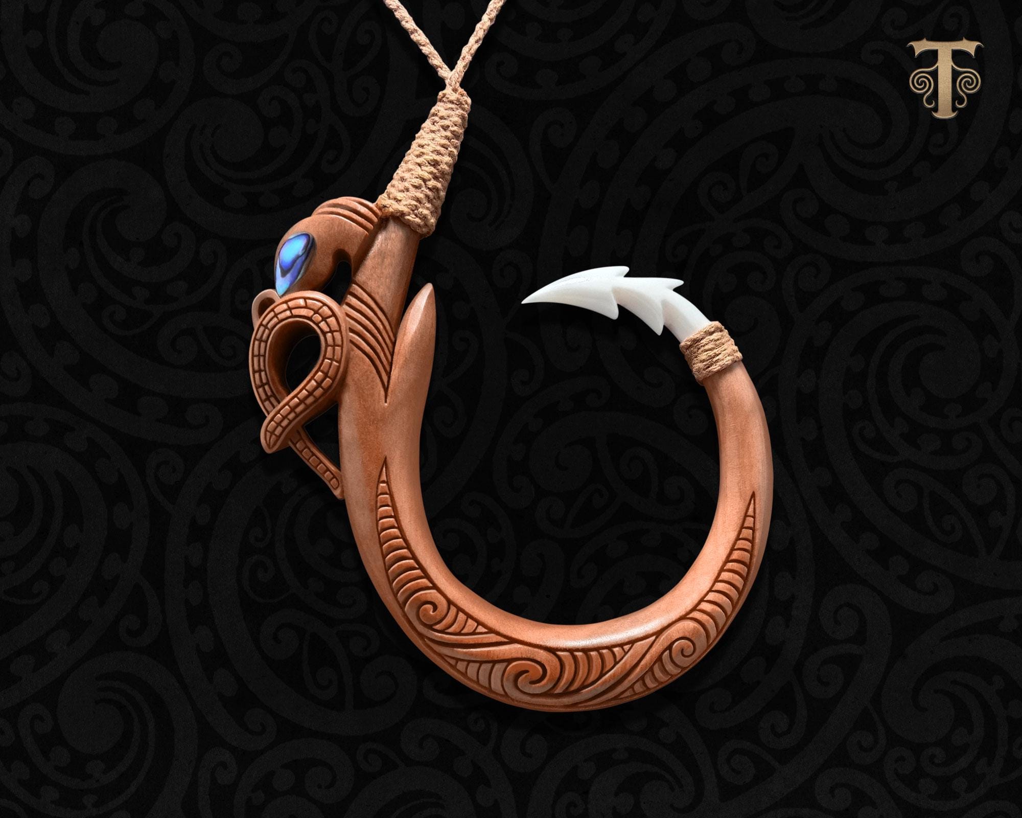 Hand-carved Maori Bone and Wood Hei Matau: Replica Captain Cook