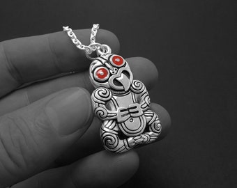 Silver Hei Tiki Pendant: Maori Bone Carving, New Zealand Gift