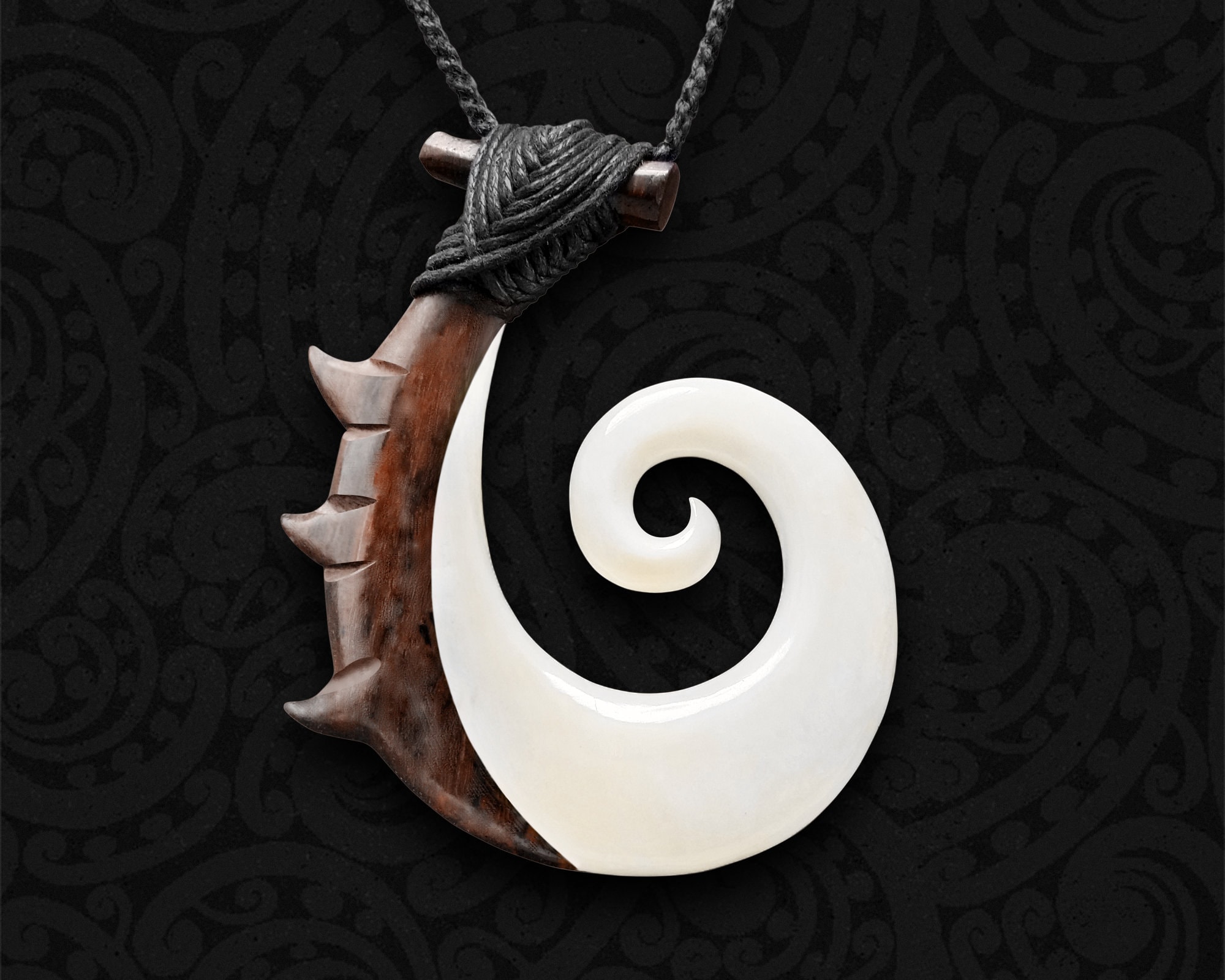 Hand Carved Maori Fish Hook Necklace, Wood & Bone Hei Matau Taonga