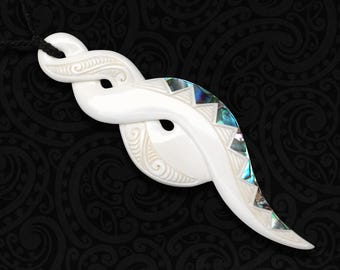 Large Carved Bone Infinity Spiral Necklace with Iridescent Abalone Inlay - Statement Pendant, Fantasy Talisman