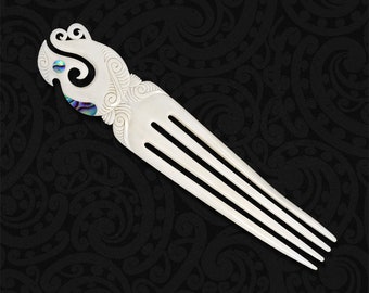 Maori Heru Hair Comb, New Zealand Ornamental Hair Pin, Hand Carved Bone Comb, Tribal Aotearoa Polynesian & Hawaiian Design Style