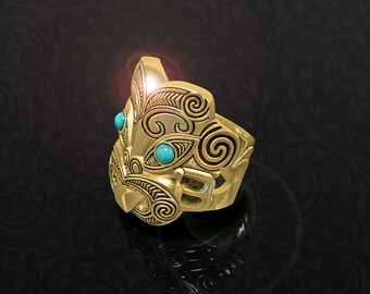 Anillo de guerrero de latón: Tūmatauenga, dios maorí de la guerra. Joyería que simboliza el coraje y la fuerza.