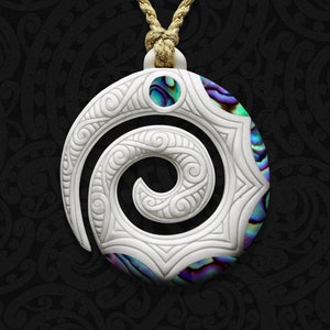 Maori Koru Bone Pendant | Hand Carved New Zealand Bone Carving Necklace with Paua Shell - Harmony, Balance & Growth - NZ Gift