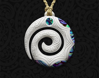 Maori Koru Bone Pendant: Hand Carved New Zealand Necklace with Paua Shell