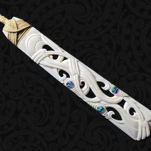 Hand Carved Maori Bone Toki Pendant with Manaia - Symbol of Protection | New Zealand Bone Carving Gift for Him