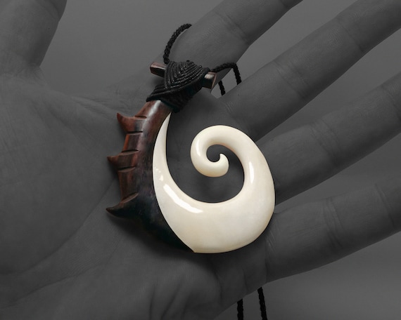 Hand Carved Maori Fish Hook Necklace, Wood & Bone Hei Matau Taonga