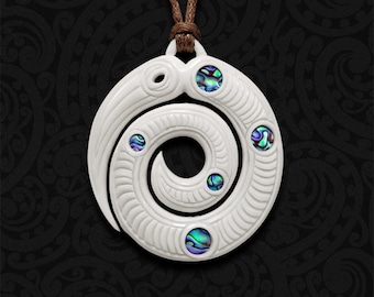 Hand-Carved Maori Koru Bone Necklace: Paua Shell Inlay, Taniwha Inspired