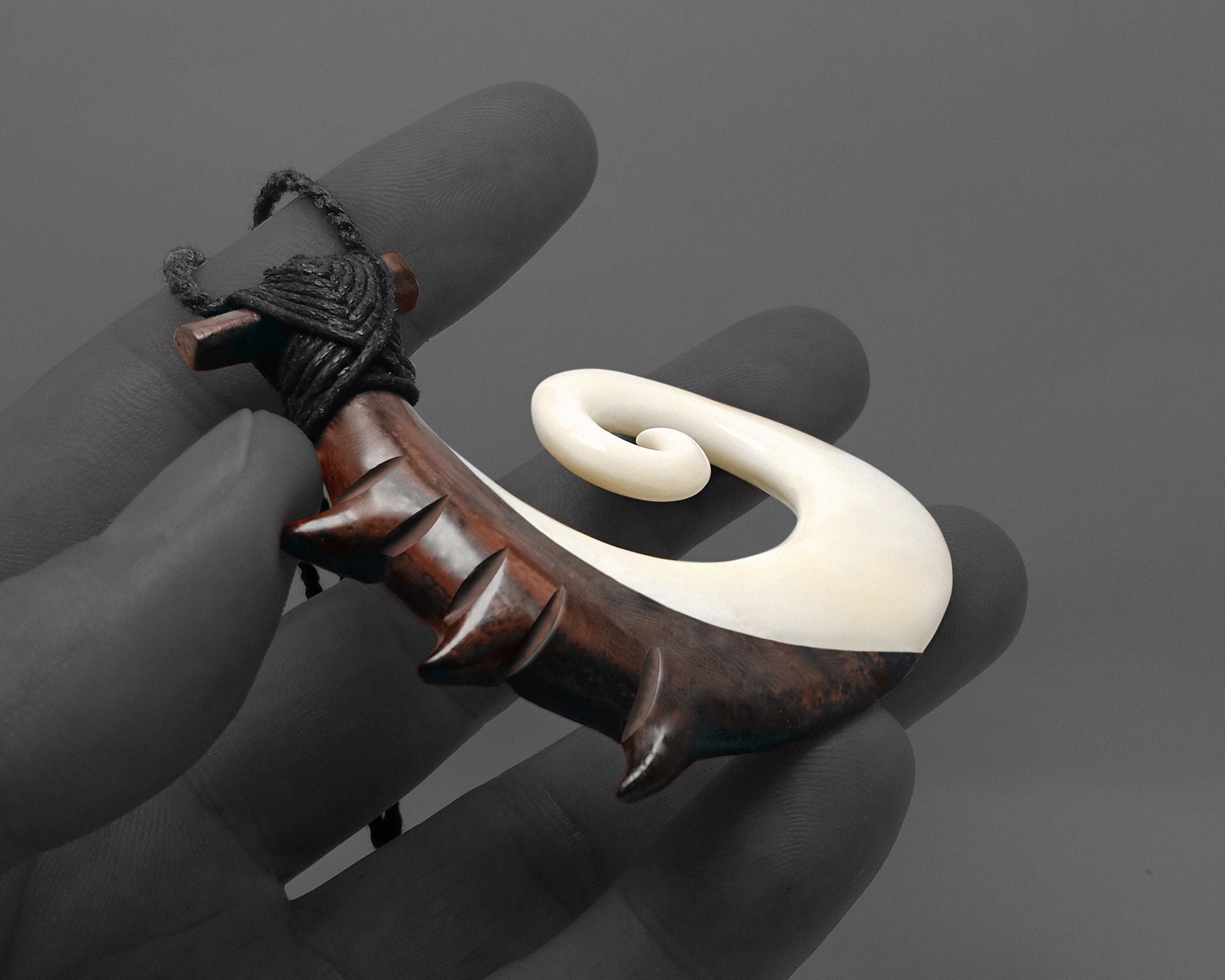 Hand Carved Maori Fish Hook Necklace, Wood & Bone Hei Matau Taonga