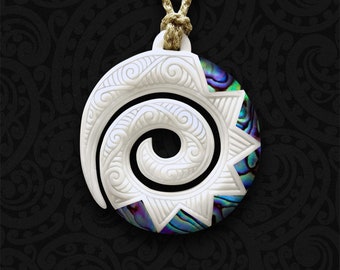 Hand Carved Maori Koru Bone Pendant: New Zealand Paua Shell Necklace