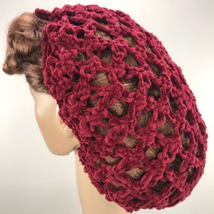 LAST ONE - CARMINE Cotton-Velvet Lover&#39;s Knot Hair Snood with Drawstring - 1940&#39;s