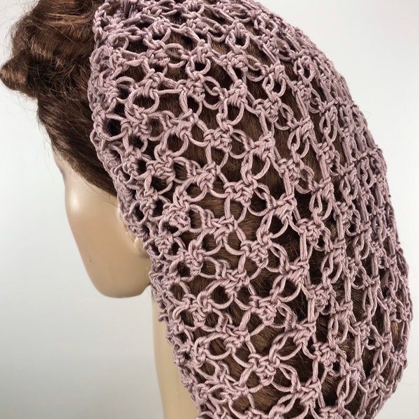 Snood de pelo con nudo de amante de algodón sedoso y champán rosa con cordón - Década de 1940