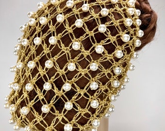 SALE - Metallic Gold Lover’s Knot Snood with 10mm Ivory Faux Pearls