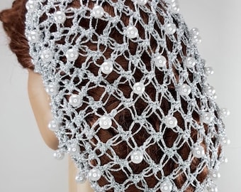 Metallic Silver Lover’s Knot Snood with 10mm White Faux Pearls