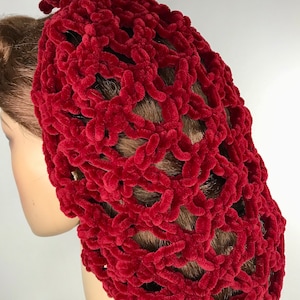 LAST ONE - RUBY Red Plush Velvet Lover&#39;s Knot Hair Snood with Drawstring - 1940&#39;s