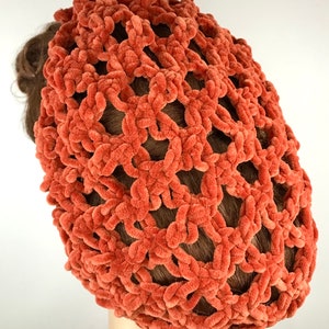 LAST ONE - PERSIMMON Plush Velvet Lover&#39;s Knot Hair Snood with Drawstring - 1940&#39;s