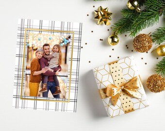 Modèle de carte photo de Noël à carreaux dorés (téléchargement numérique)