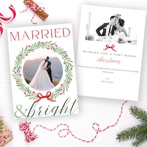 Frischvermählten Married & Bright Hochzeit Weihnachten Foto Karte Bearbeitbare Vorlage Urlaub Grußkarte