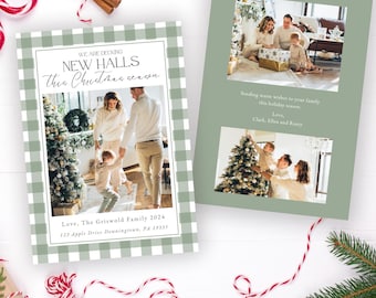 Decking New Halls New Home Weihnachtskarte Vorlage | Bearbeitbare Foto-Weihnachtskarte | Neue Adresse Weihnachtskarte | Deck the Halls grün kariert