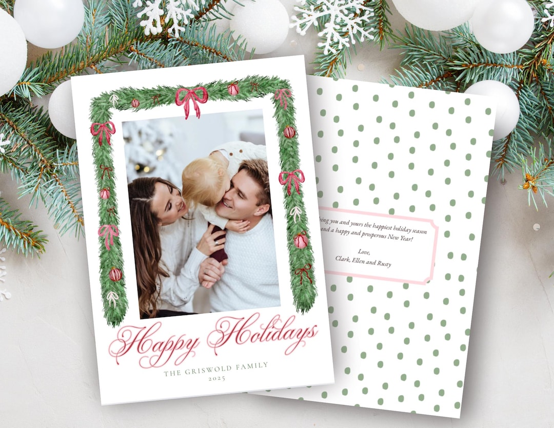 Editable Christmas Card Template | Watercolor Garland Holiday Photo ...