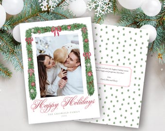 Watercolor Garland Photo Christmas Card | Editable Canva Template (Digital Download)