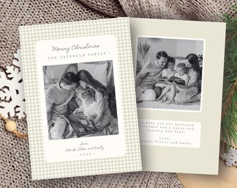May include: A two-page Christmas card with family photos. The left page has a light green gingham pattern and the text "Merry Christmas - The Griswold Family." The right page has a family photo and the text "We wish you the merriest Christmas and a happy and healthy New Year!"