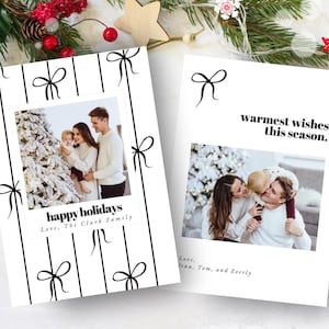 Plantilla de tarjeta navideña con lazo moderno y simple, tarjeta con foto editable de felices fiestas navideñas en blanco y negro
